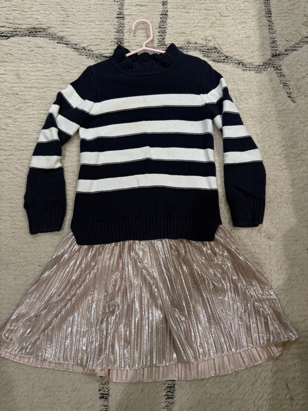 Crewcuts Black & White Striped Sweater with Metallic Pink Pleated Skirt